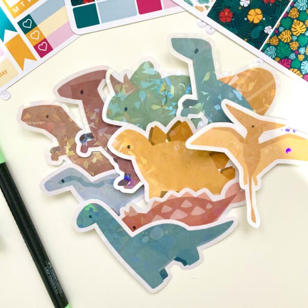 Holographic vinyl dinosaur stickers for laptop, water bottle, notebook