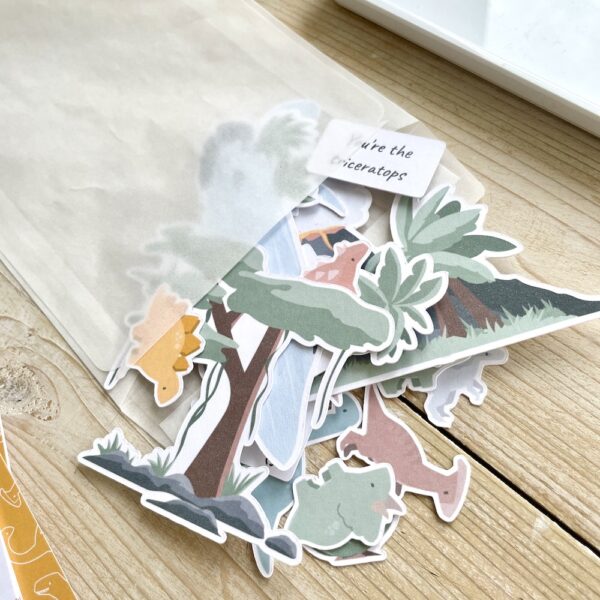 Dinosaur scene ephemera - cardmaking toppers with mini dinosaurs and habitats