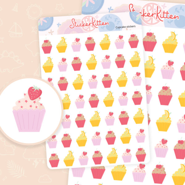 Cute cupcake stickers - strawberry, lemon and cherry cupcake planner stickers by StickerKitten UK