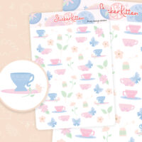 Pretty pastel teacup stickers with flower stickers, leaf stickers and butterfly stickers. Tea party and afternoon tea theme sticker sheet by StickerKitten UK
