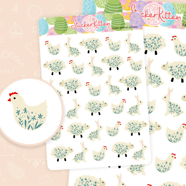 Easter animal stickers - cute decorative bunny, sheep and chicken stickers by StickerKitten UK