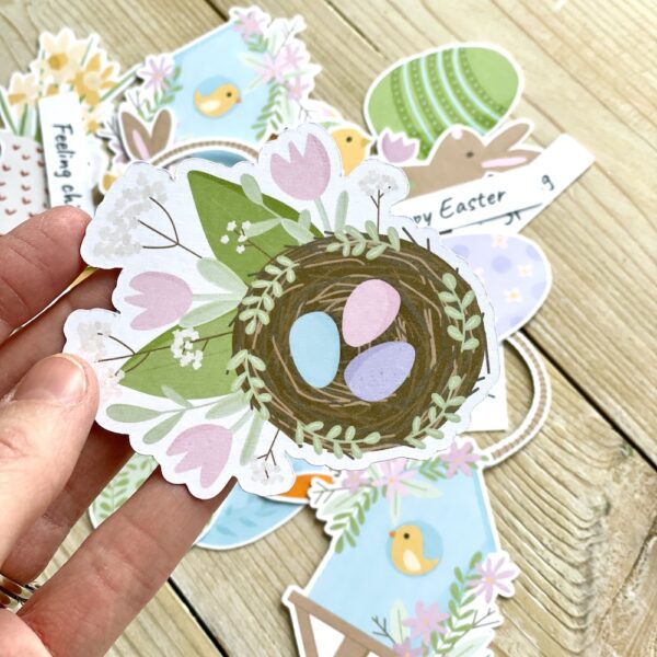 Cardmaking topper - cute Easter nest with pastel eggs and foliage