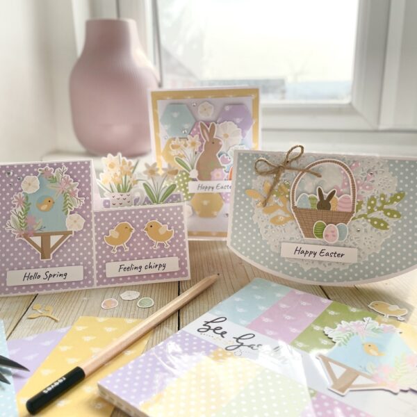 Beautiful handmade Easter cards in pastel colours with bunnies, chicks, daffodils and easter eggs.