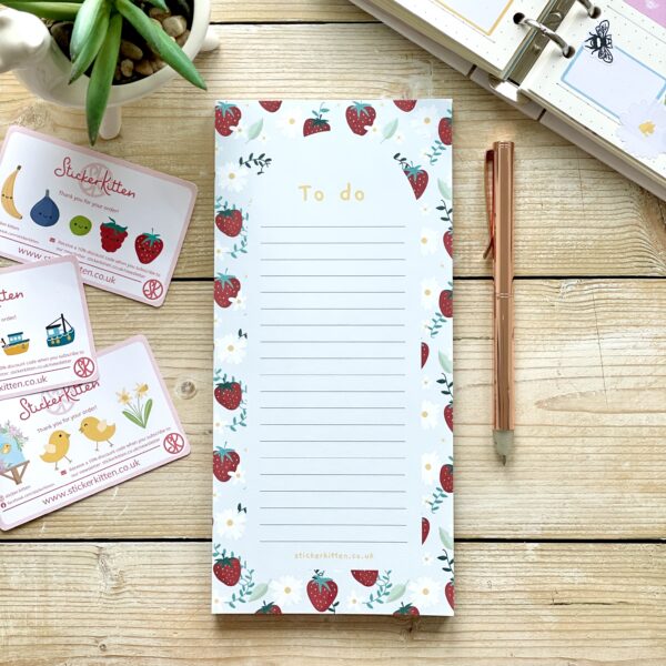 Cute strawberry to do list notepad designed and illustrated by StickerKitten and printed in the UK on FSC certified paper.
