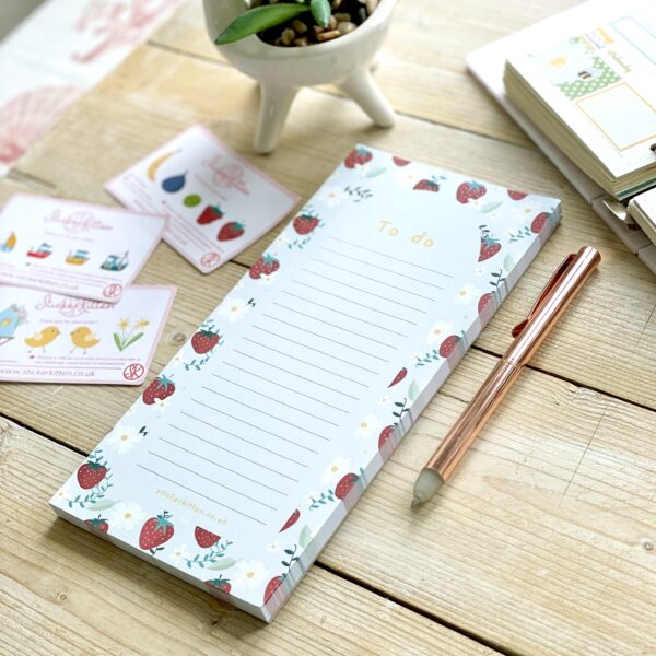 Cute strawberry to do list notepad designed and illustrated by StickerKitten and printed in the UK on FSC certified paper.