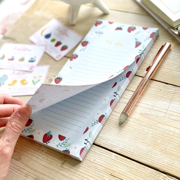 Cute strawberry to do list notepad designed and illustrated by StickerKitten and printed in the UK on FSC certified paper.