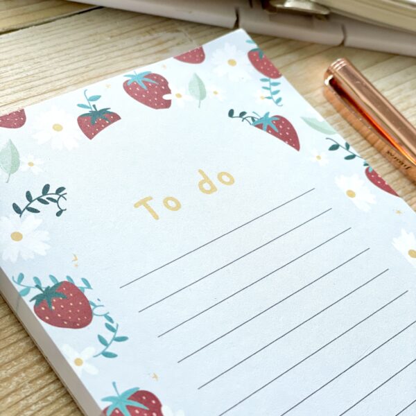 Cute strawberry to do list notepad - strawberry patter, arch design, lined and 'to do' printed at the top.