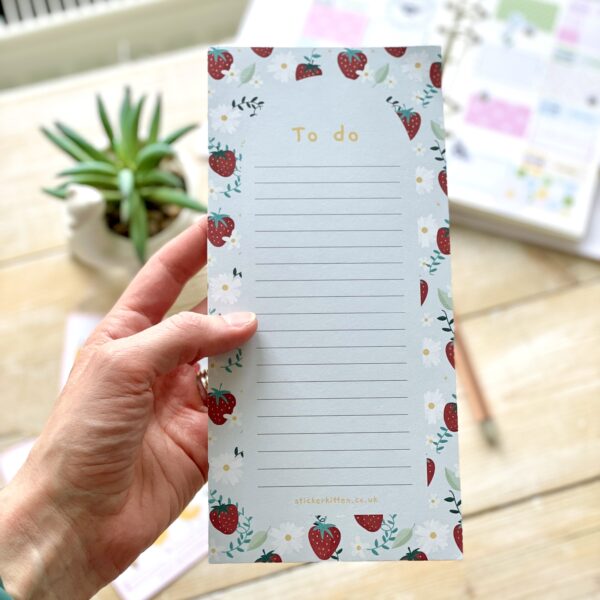 Cute strawberry to do list notepad designed and illustrated by StickerKitten and printed in the UK on FSC certified paper.