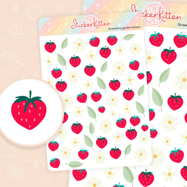 Strawberry stickers - cute strawberry, daisy and leaf planner stickers