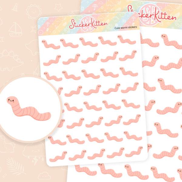 Cute worm stickers for your planner. By StickerKitten UK.