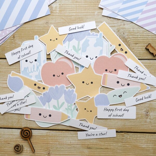 Back to school ephemera for cardmaking and scrapbooking - cute apples, pencils, milk cartons and paintbrushes