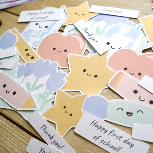 Back to school ephemera for cardmaking and scrapbooking - cute apples, pencils, milk cartons and paintbrushes