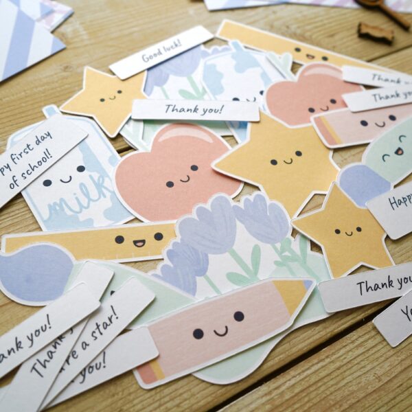 Back to school ephemera for cardmaking and scrapbooking - cute apples, pencils, milk cartons and paintbrushes