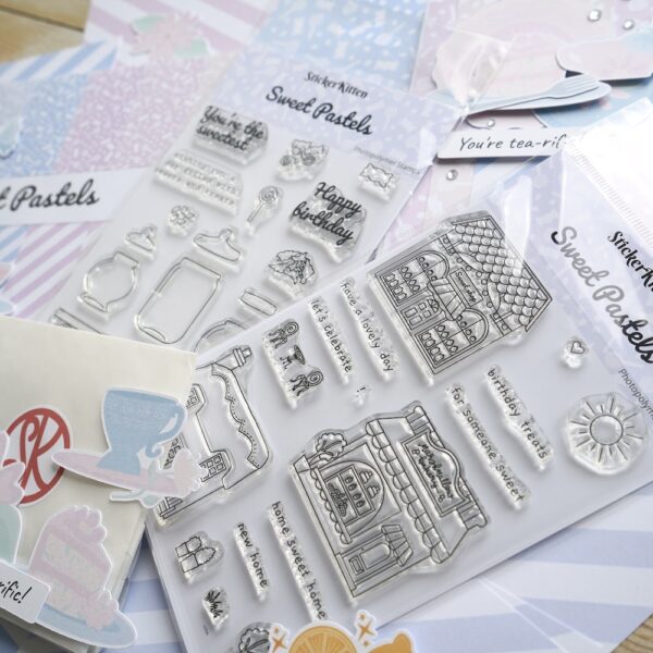 Papercraft bundle with Sweet Pastels paper pack, sweet shop stamp set, sweetie jar stamp set and tea party ephemera. Designed and made in the UK by StickerKitten.
