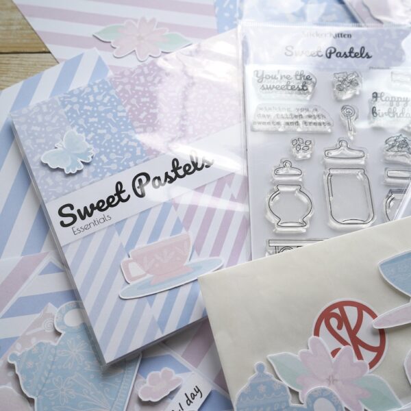 Papercraft bundle with Sweet Pastels paper pack, sweet shop stamp set, sweetie jar stamp set and tea party ephemera. Designed and made in the UK by StickerKitten.