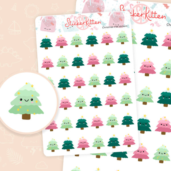 Cute Christmas tree stickers. Planner stickers by StickerKitten UK.